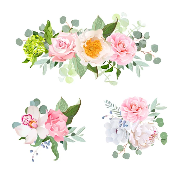 Stylish various flowers bouquets vector design set. Green hydran