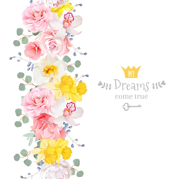 Vertical seamless line garland with camellia, wild rose, peony, Stock Illustration