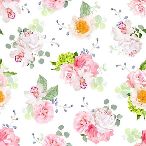 Petits bouquets de printemps de rose, pivoine, camélia, orchidée, carnatio — Image vectorielle