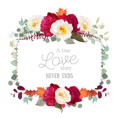 Şakayık, yabani gül, nane eucaliptu ile kare çiçek vektör çerçeve