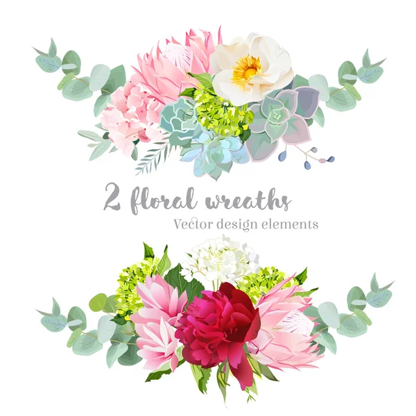 Floral mix krans vector ontwerpset. Groene, witte en roze hydra — Stockvector