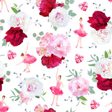 Güzel balerin dans, kırmızı kalp elmas ve taze Şakayık b