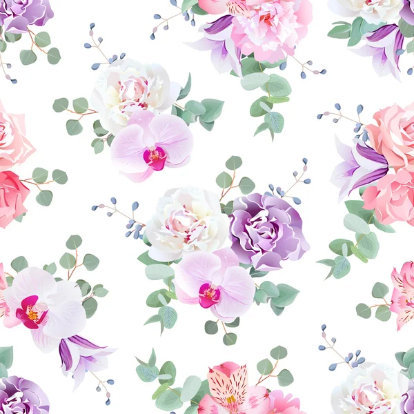 Bruiloft delicate naadloze vector afdrukken in paars, roze en wit — Stockvector