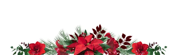 Смарагдова різдвяна зелень, червона пуансетія, аммаріллі, ялина, ялинка Векторний дизайн банер — стоковий вектор