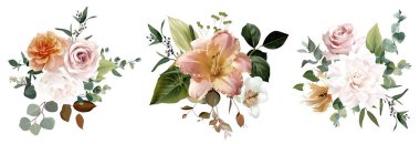 Tozlu sarı, kızarık pembe ve beyaz gül, zambak, soluk lale, sonbahar bahçesi çiçekleri, okaliptüs, yeşillik vektör tasarımı. Düğün sonbaharı kurutulmuş çiçek buketi koleksiyonu. Elementler izole ve düzenlenebilir.