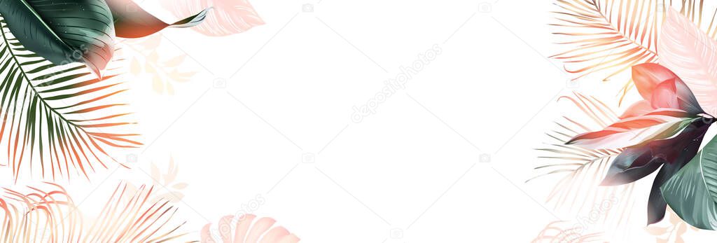 Tropical banner arranged from exotic and golden glitter leaves