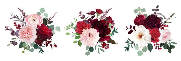Klasyczne luksusowe czerwone róże, różowy goździk, ranunkulus, dahlia, biały piwonia — Wektor stockowy