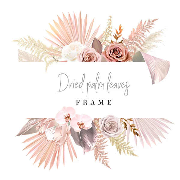 Folhas de palma secas na moda, rosa corado e ferrugem rosa, protea pálida — Vetor de Stock
