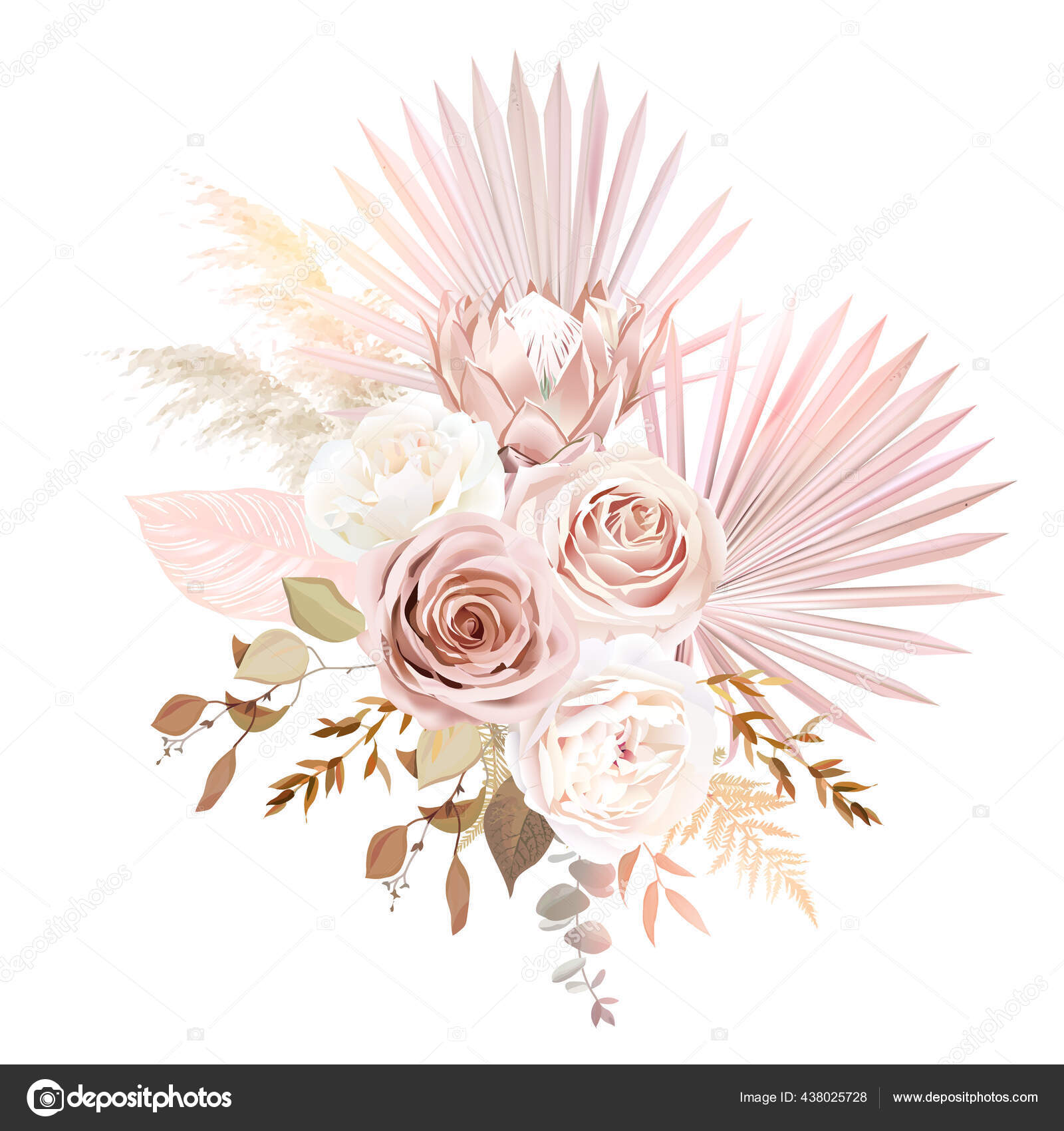 Trendy dried palm leaves, blush pink rose, pale protea, white ranunculus  Stock Vector Image by ©lavendertime_ #438025728