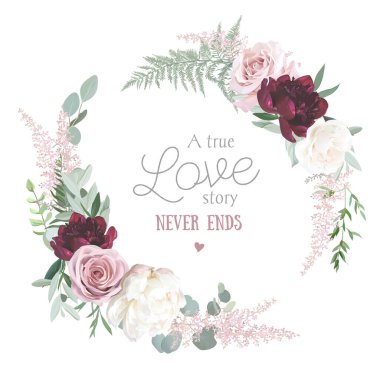 Yeşillik, bordo kırmızısı ve beyaz şakayık, kırmızı çiçek vektör tasarımı davetiye çerçevesi yuvarlak