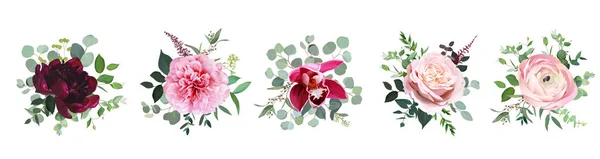 Бургундский красный пион, пыльная розовая роза, орхидея, румяные цветки черепахи — стоковый вектор
