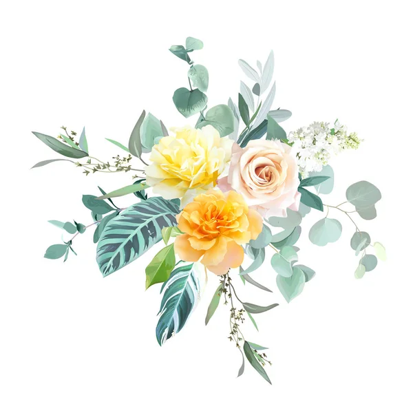 Rosas amarelas e alaranjadas, lilás branco, flores de jardim de primavera, eucalipto de hortelã, folhas tropicais —  Vetores de Stock