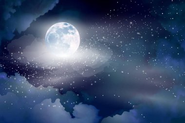 Sihirli gece, parlak yıldızlı, koyu mavi gökyüzü ve ay