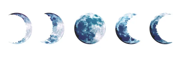 Magia azul fases de la luna vector diseño conjunto — Vector de stock