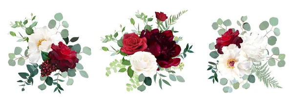 Класичні червоні троянди, білі і бордові півонії, ягоди, евкаліпт, дівочий папороть — стоковий вектор