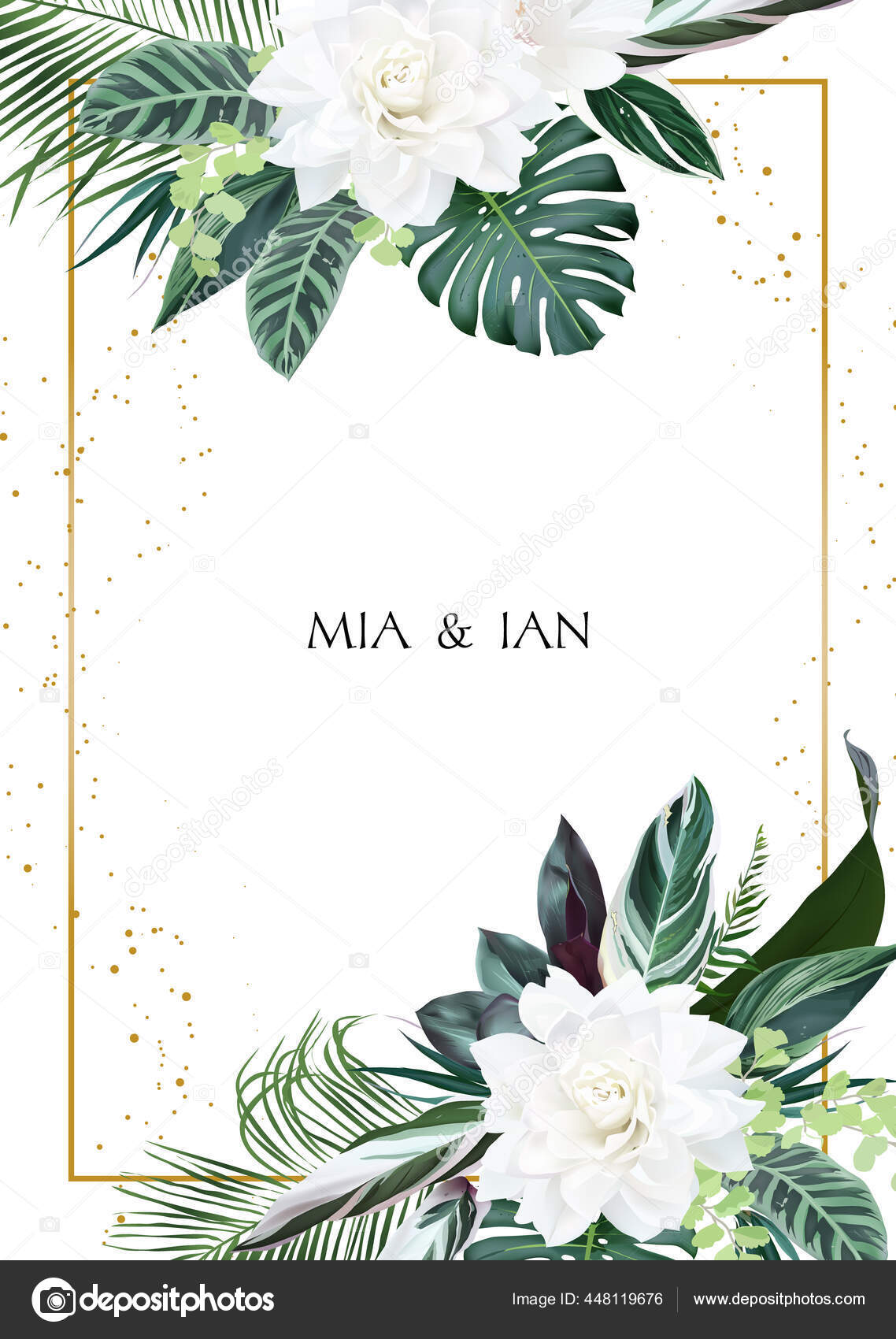 Gardenia blanca, hibisco, monstera verde, plantilla de hojas tropicales de  palma tarjeta vertical Vector de stock #448119676 de ©lavendertime_, image size:1138x1700