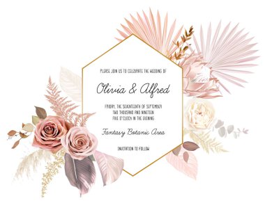 Moda olmuş kurumuş palmiye yaprakları, kızarık pembe ve paslı gül, soluk çırak.