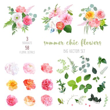Turuncu Ranunculus, pembe ve sarı gül, beyaz ortanca, şakayık