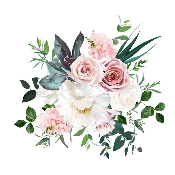 Rose poudré et rose crème, pivoine, fleur d'hortensia, feuilles tropicales bouquet de mariage design vectoriel — Image vectorielle