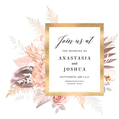 Modaya uygun kurutulmuş palmiye yaprakları, soluk protea, orkide, pampa otu, ortanca, gül,