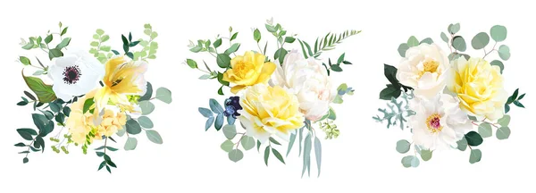 Желтая роза, гортензия, белый пион, тюльпан, анемон, весенние цветы в саду — стоковый вектор
