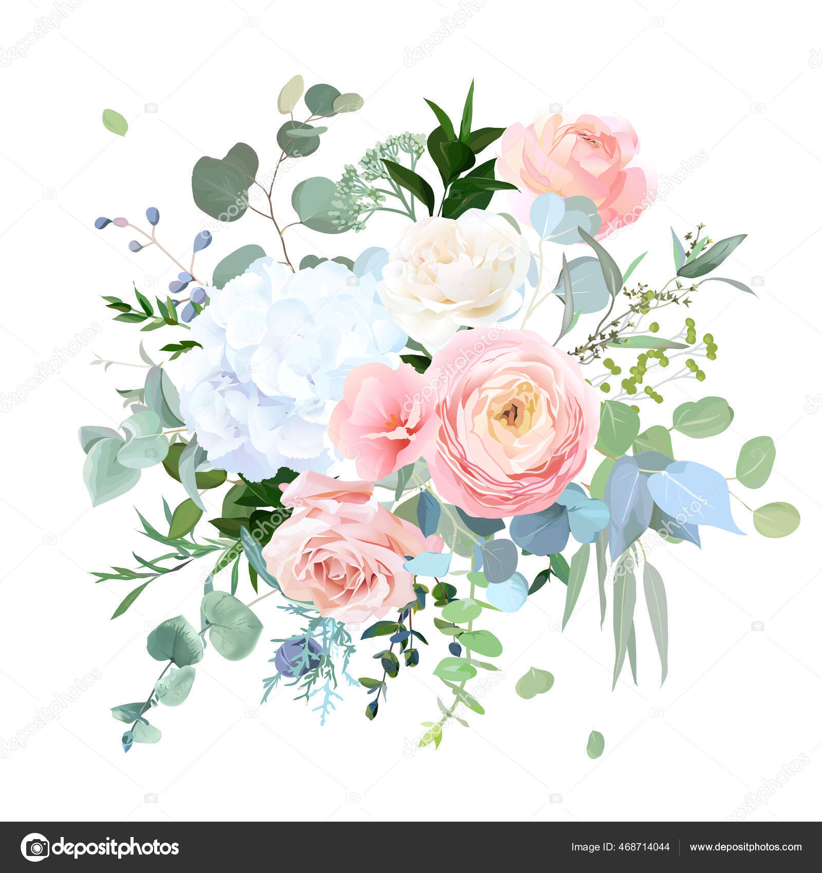 Dusty blue, peachy blush rose, white hydrangea, ranunculus, wedding ...