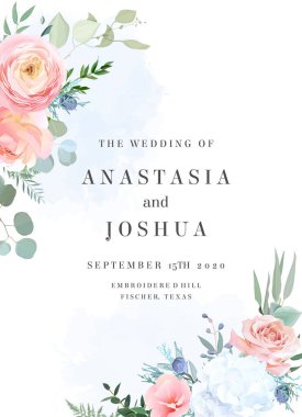 Tozlu mavi ve şeftali rengi gül, beyaz ortanca, ranunculus, okaliptüs, yeşillik