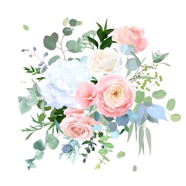Tozlu mavi, şeftali kırmızısı gül, beyaz ortanca, ranunculus, düğün çiçekleri, yeşillik