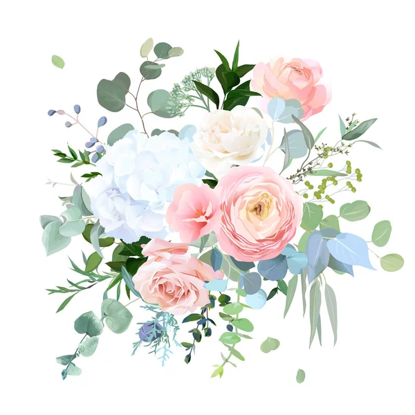 Azul polvoriento, rosa rubor melocotón, hortensia blanca, ranúnculo, flores de boda, vegetación — Vector de stock