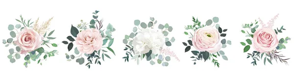 粉红玫瑰，兰花，茶花，白色水仙花设计花束. — 图库矢量图片
