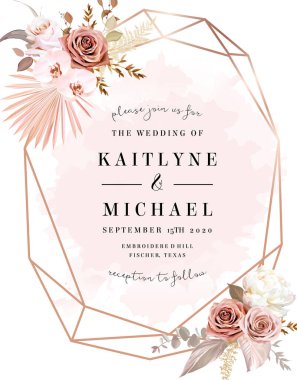 Moda olmuş kuru palmiye yaprakları, kızarık pembe ve paslı gül, soluk şakayık, beyaz orkide