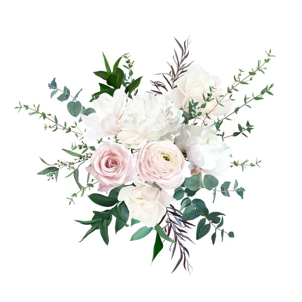 Delicada peonía blanca, magnolia blanca crema, rosa rosada y ranúnculo, flores de peonía — Vector de stock