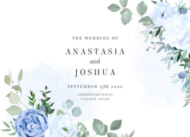 Tozlu mavi gül, beyaz ortanca, ranunculus, anemon, okaliptüs taşıyıcı çerçeve