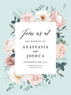 Tozlu gül, kamelya, protea, ranunculus, şakayık, okaliptüs, yeşillik.