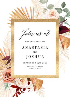 Pas portakalı, bej, beyaz gül, Burgundy anthurium çiçeği, okaliptüs, pampas otu