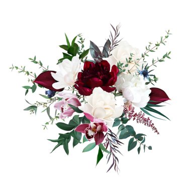 Burgundy kırmızı şakayık ve anthurium, krem beyaz manolya, pembe orkide, şakayık çiçekleri, devedikeni, yeşillik