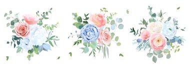 Tozlu mavi, şeftali rengi gül, beyaz ortanca, ranunculus, düğün çiçekleri, yeşillik ve okaliptüs.