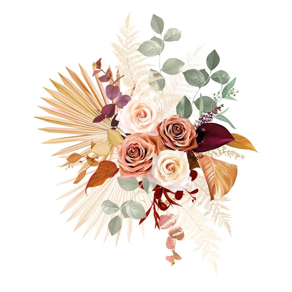 Laranja ferrugem, bege, rosa branca, flor de antúrio borgonha, eucalipto, grama pampas —  Vetores de Stock