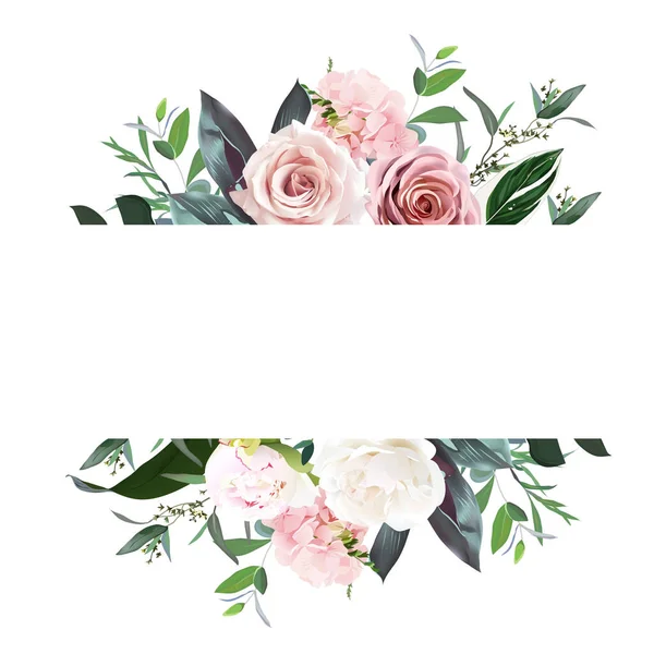 Rose poussiéreux et rose crème, pivoine, fleur d'hortensia, feuilles tropicales design vectoriel bannière de mariage — Image vectorielle