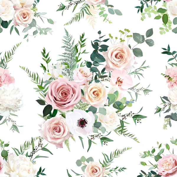 Dusty roze en blozen roos, anemoon, orchidee, hortensia bloemen, salie eucalyptus — Stockvector