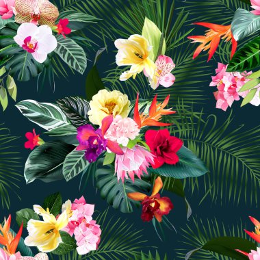 Egzotik tropik çiçekler, orkide, strelitzia, hibiscus, protea, ylang-ylang, palmiye, canavar yaprakları vektörsüz desen.