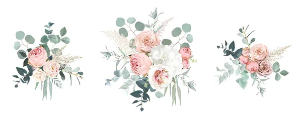 Розы румян розовый сад, ranunculus, гортензии цветы векторные букеты дизайна — стоковый вектор