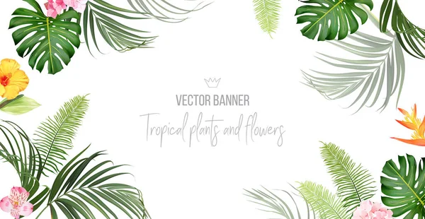 Banner tropical arreglado con hojas de esmeralda exóticas y flores exóticas — Archivo Imágenes Vectoriales