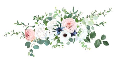 Allık pembe bahçe gülleri, anemon, ranunculus, ortanca çiçeği vektör deseni buketi.
