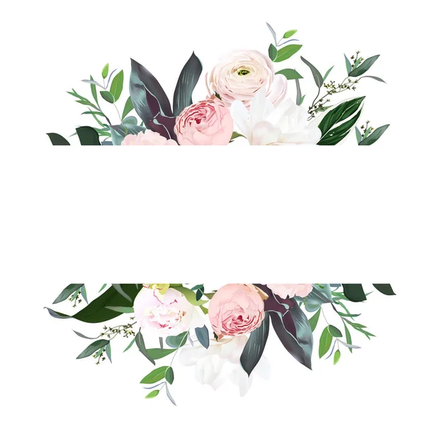 Rose de jardin rose poussiéreuse, pivoine, magnolia, fleur de ranunculus, feuilles tropicales design vectoriel bannière de mariage — Image vectorielle