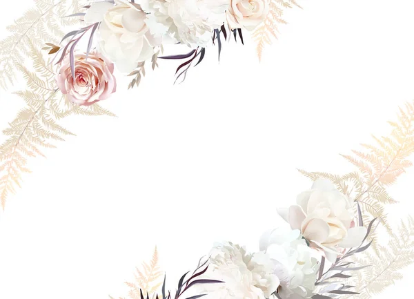 Pastel pampas herbe, pivoine ivoire, magnolia crémeux, rose poussiéreuse, feuilles argentées séchées. — Image vectorielle