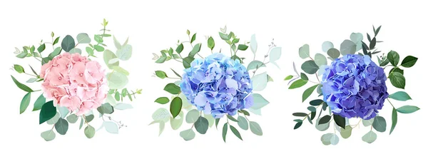 Mavi, mor, pembe ortanca çiçekleri, zümrüt yeşili ve okaliptüs düğün buketleri. — Stok Vektör