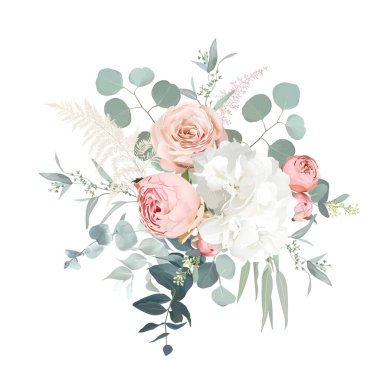 Allık pembe bahçe gülleri, ranunculus, ortanca çiçeği vektör deseni buketi.