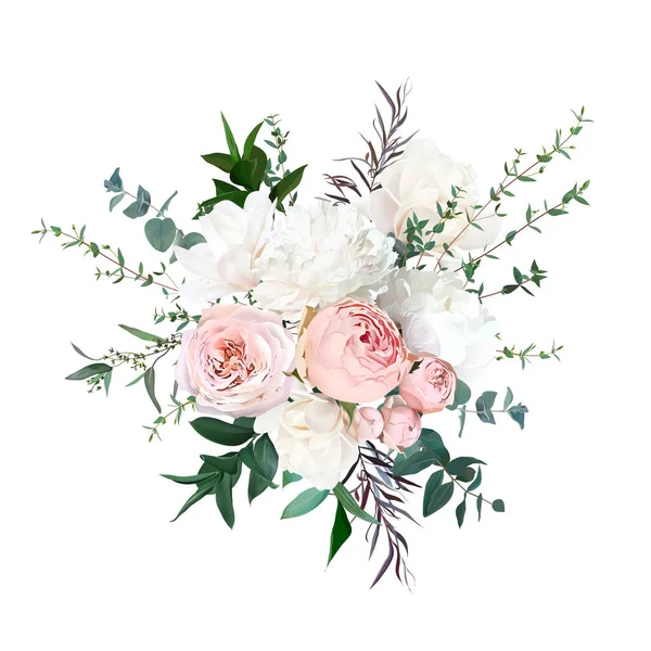 Blush rosas de jardín de color rosa, ranúnculo, peonía blanca, flores magnolia diseño vectorial ramo — Vector de stock