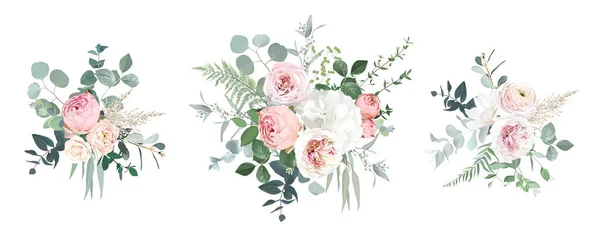 Червоні рожеві садові троянди, рунункули, квіти гортензії векторні дизайнерські букети — стоковий вектор